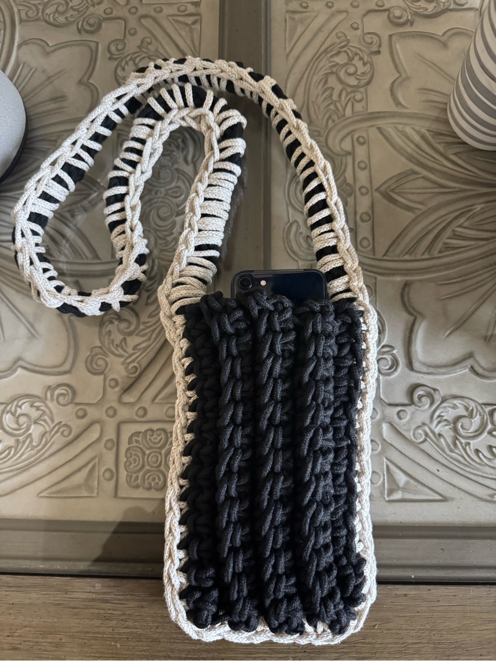 Handcrafted Black and Cream Crochet Crossbody Phone Bag by Yvonne